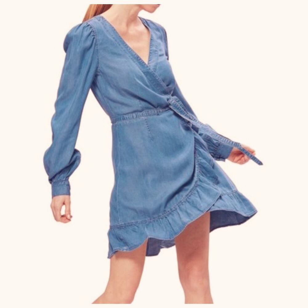 PAIGE NWOT Kendry Dress Juno Denim Chambray Size Small Long Sleeve Wrap Ruffles - Picture 11 of 11